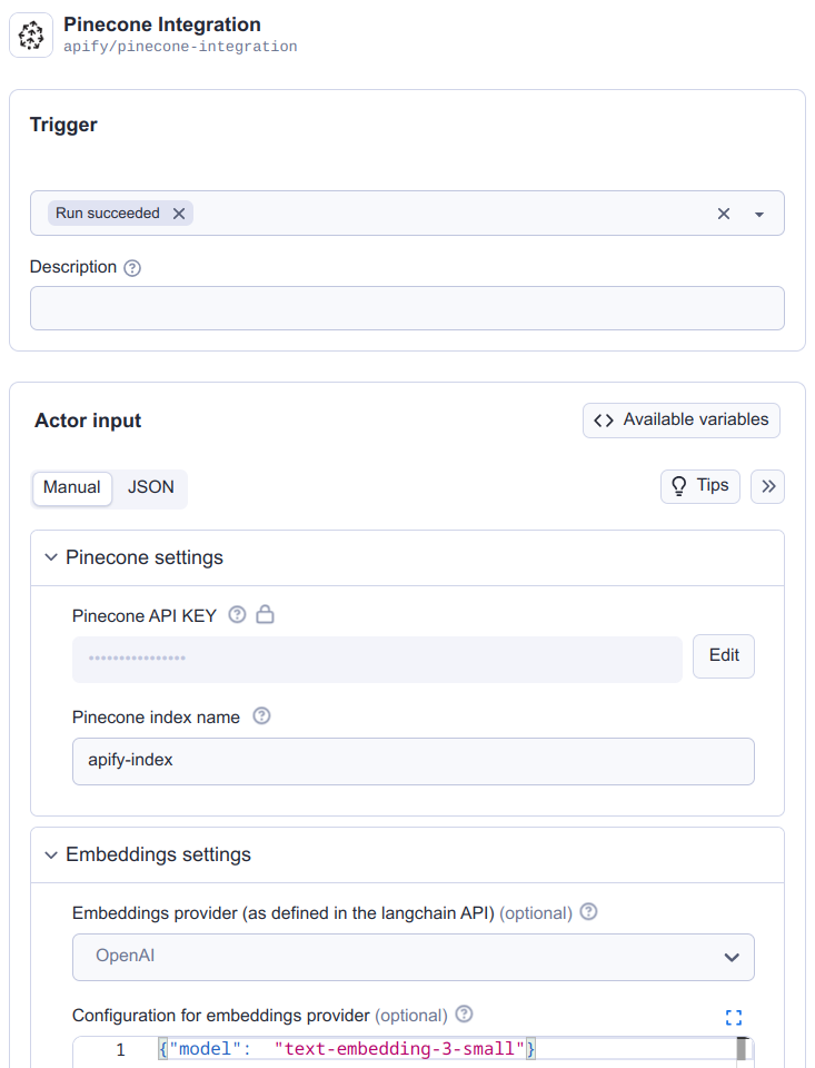 Pinecone integration configuration